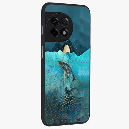 Celestial Whale Voyage Glass Case for 1+11R side perspective highlighting flowing whale illustration and premium detailing