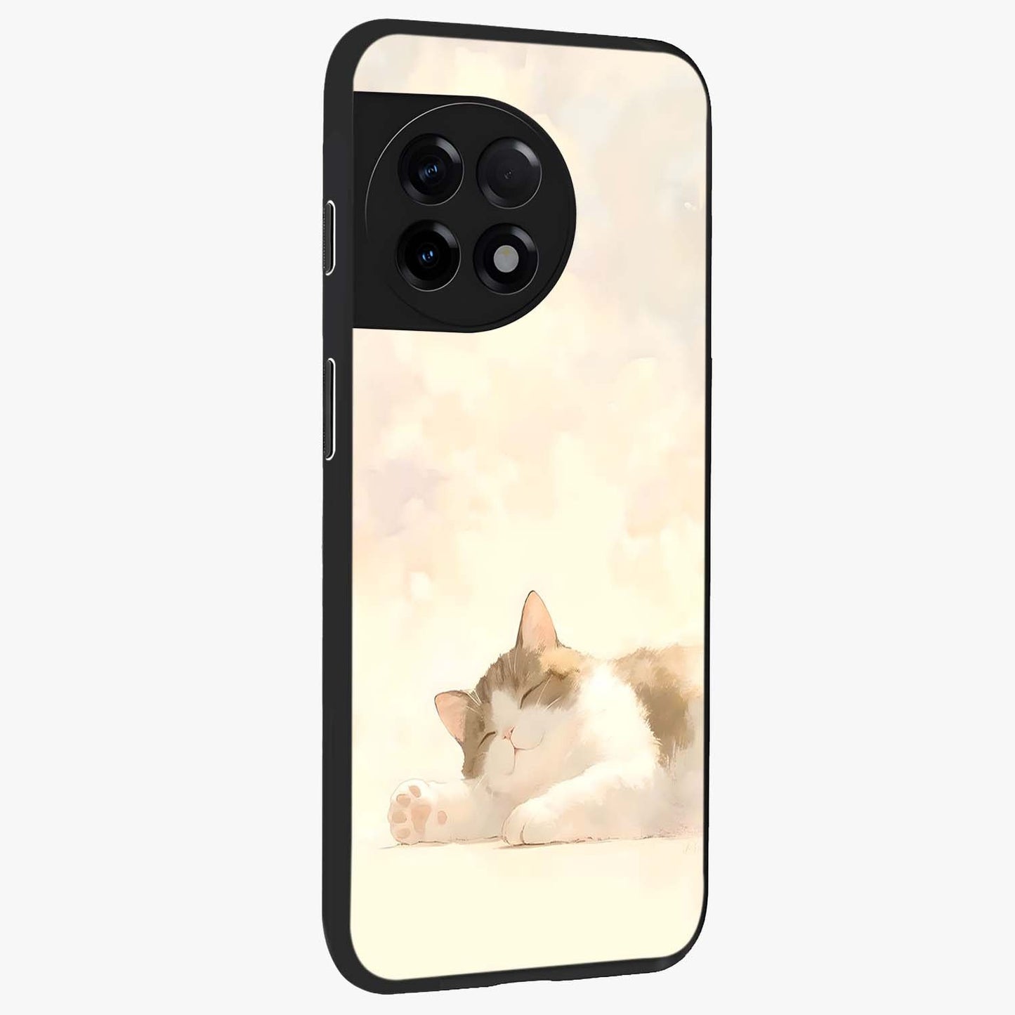 Cloud Nap Cat Glass Case for 1+11R side perspective highlighting charming feline details and premium edge finish