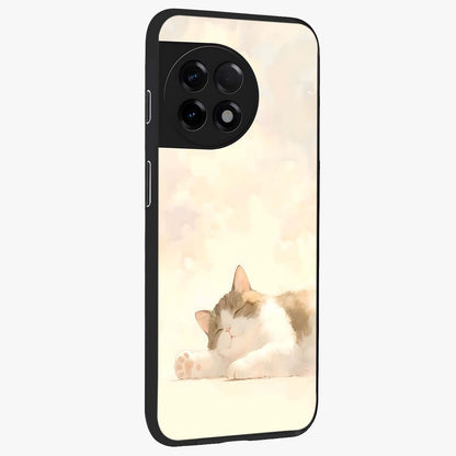 Cloud Nap Cat Glass Case for 1+11R side perspective highlighting charming feline details and premium edge finish