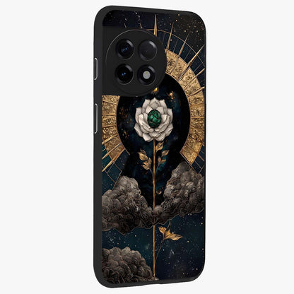 Cosmic Bloom Rose Glass Case for 1+11R side perspective highlighting glowing rose details and smooth premium build