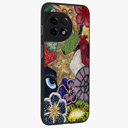 Cosmic Charm Shine Glass Case for 1+11R side perspective highlighting luminous detailing and sleek edge design