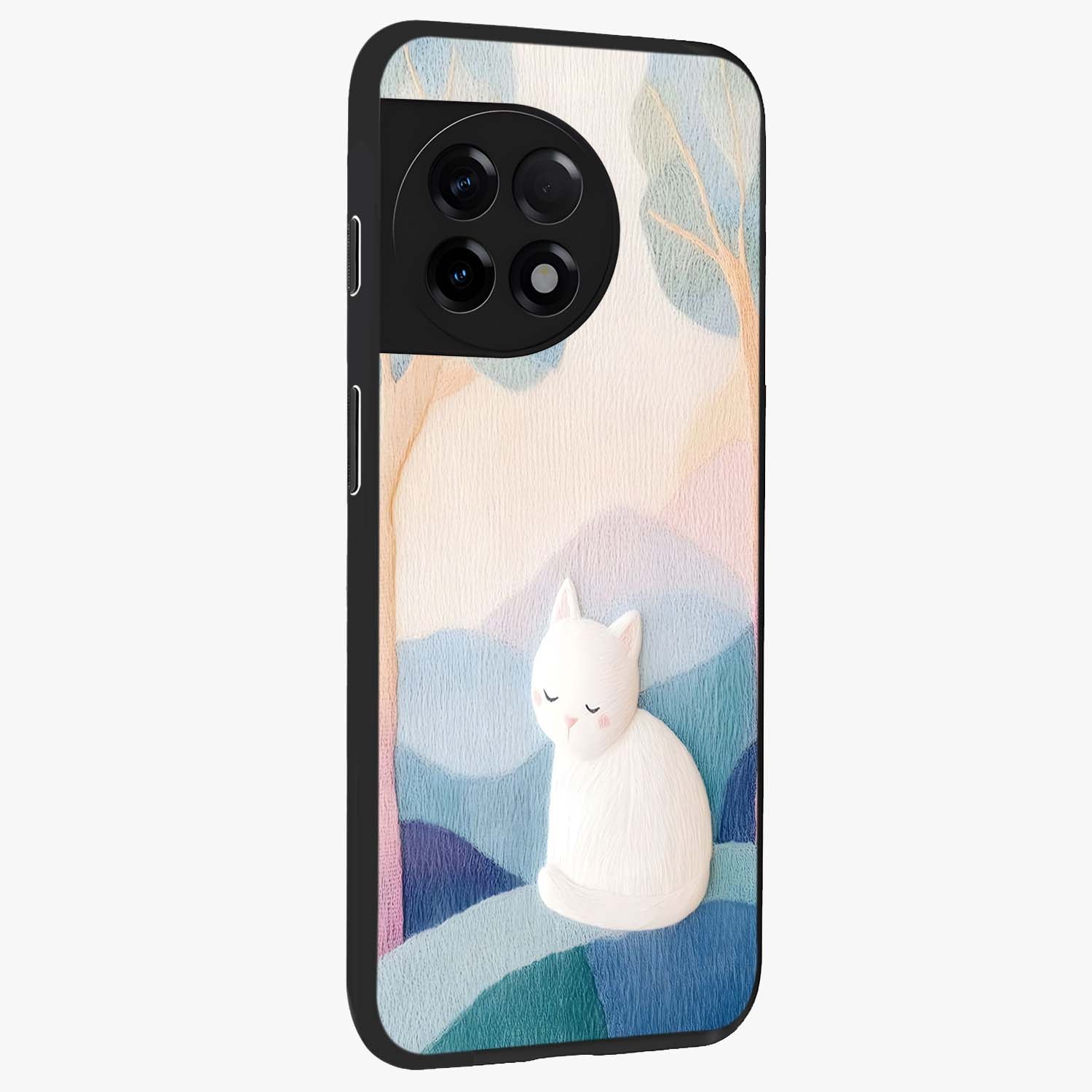 Cotton Dream Cat Glass Case for 1+11R side perspective highlighting cute feline details and smooth premium edges