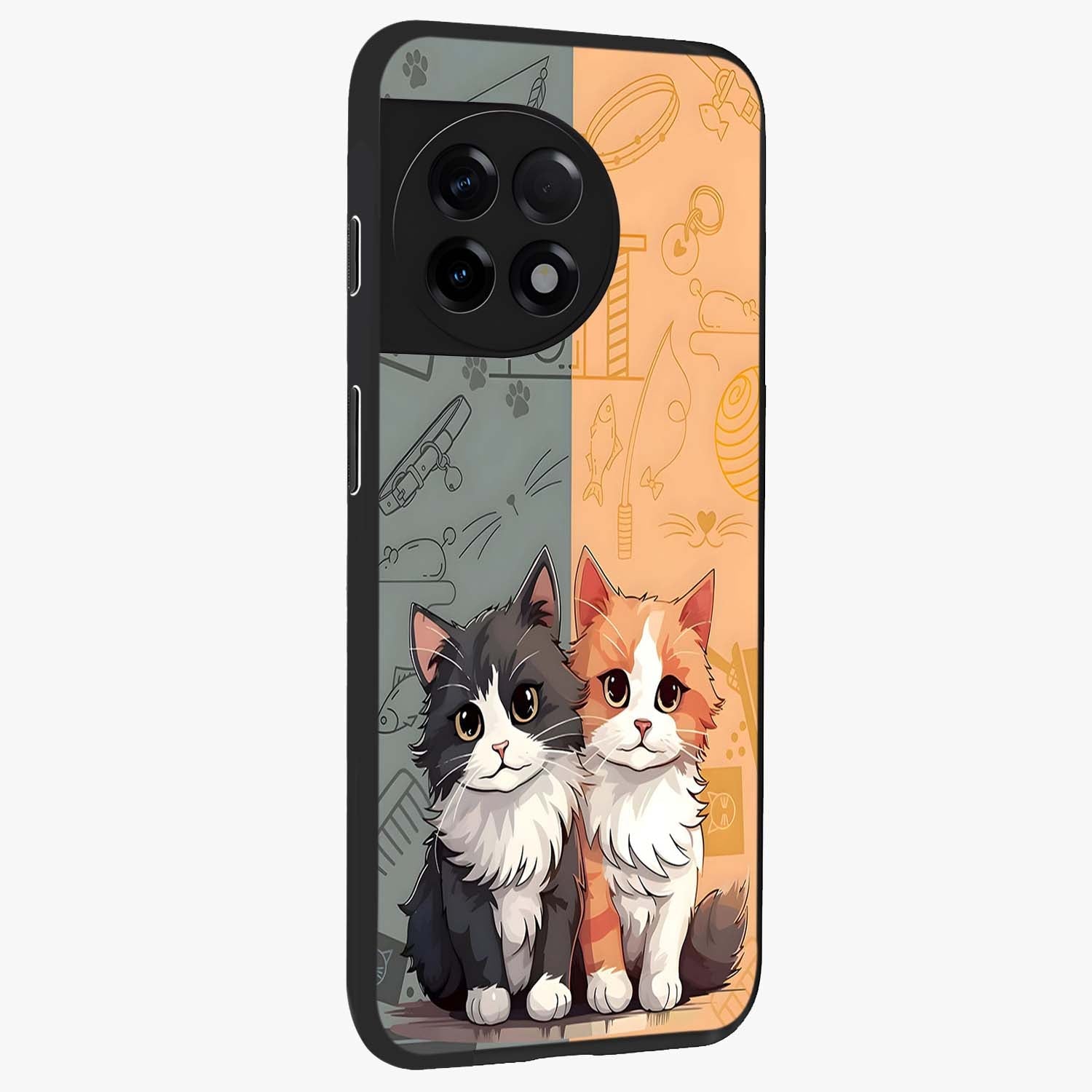 Cozy Cat Duo Glass Case for 1+11R side perspective highlighting playful cat detailing and sleek edges