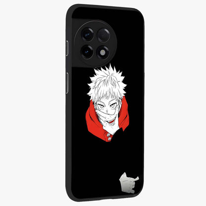 Crimson Chaos Smile Glass Case for 1+11R side perspective highlighting intense color contrast and sleek edges