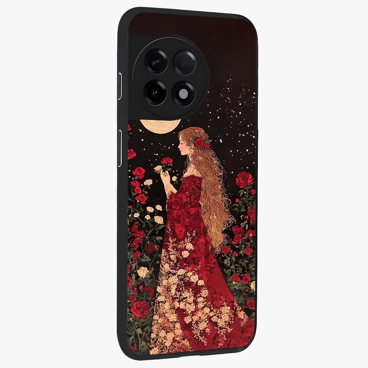 Crimson Dreams Glass Case for 1+11R side perspective highlighting vibrant tones and premium edge detailing