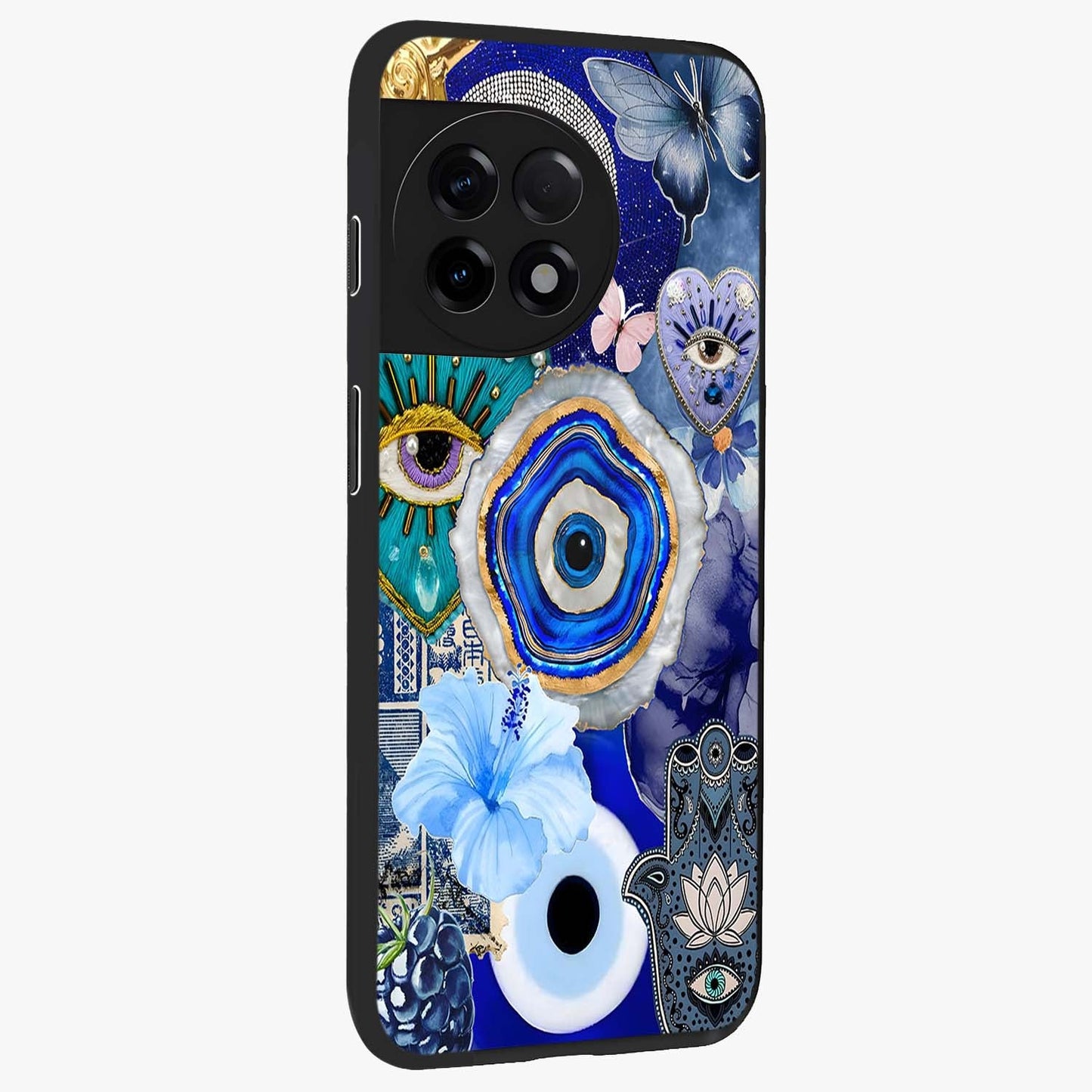 Crimson Evil Eye Charm Glass Case for 1+11R side perspective highlighting intricate charm design and smooth edges