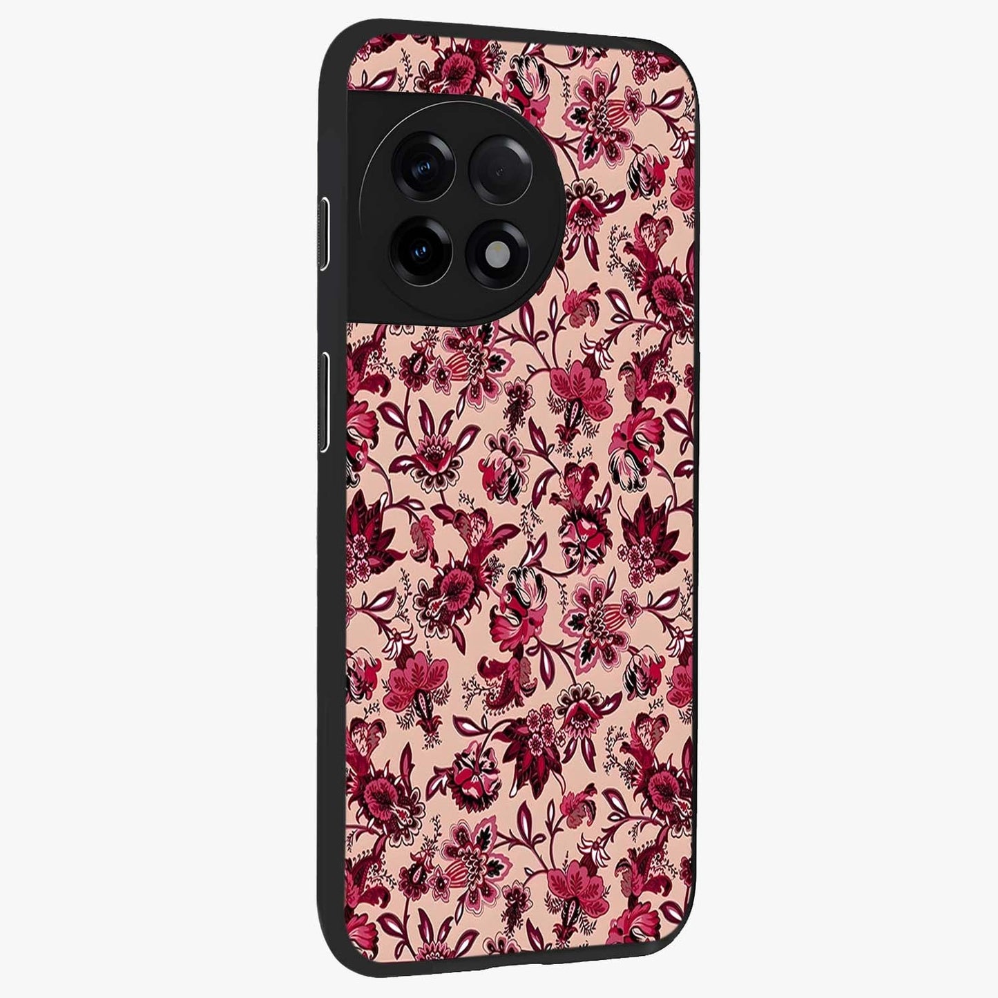 Crimson Rose Charm Glass Case for 1+11R side perspective highlighting delicate rose textures and smooth edges