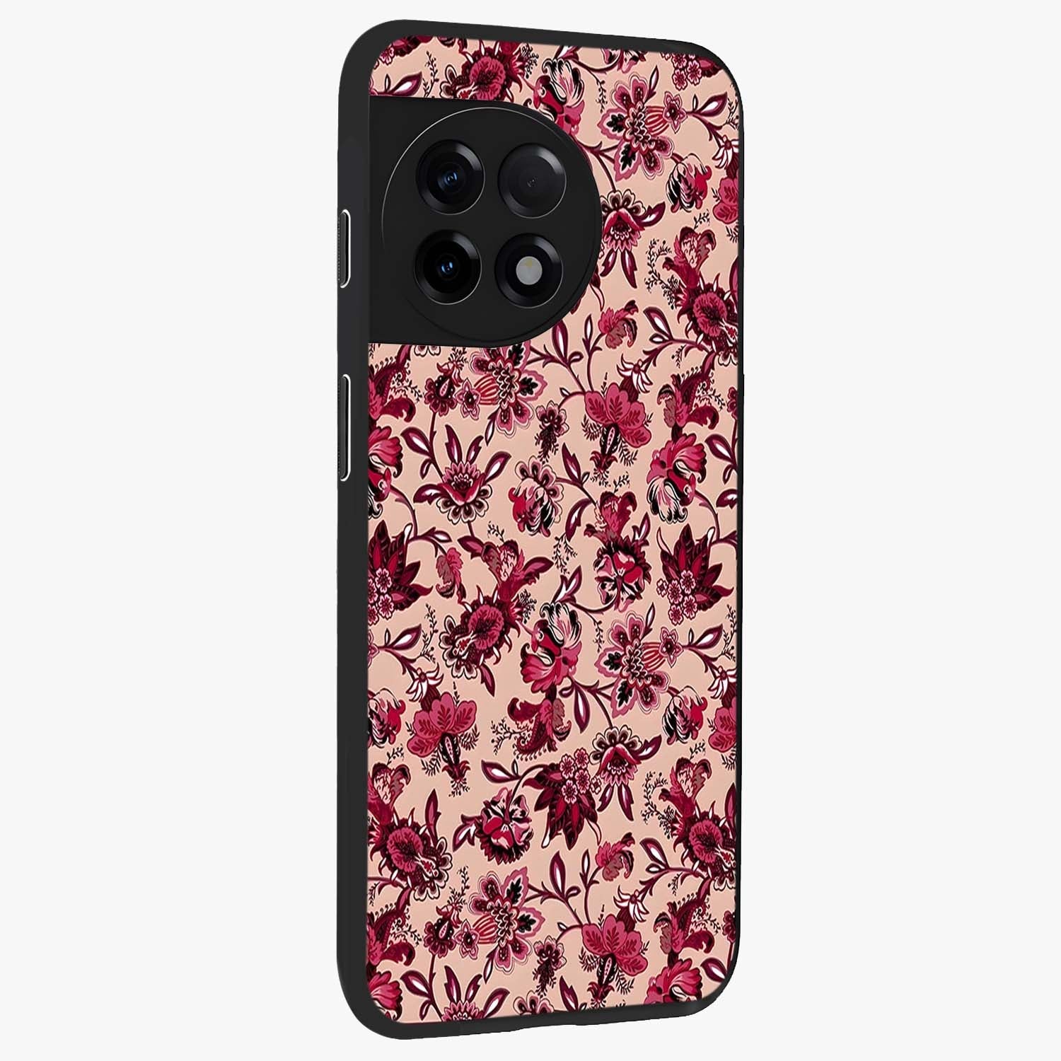 Crimson Rose Charm Glass Case for 1+11R side perspective highlighting delicate rose textures and smooth edges