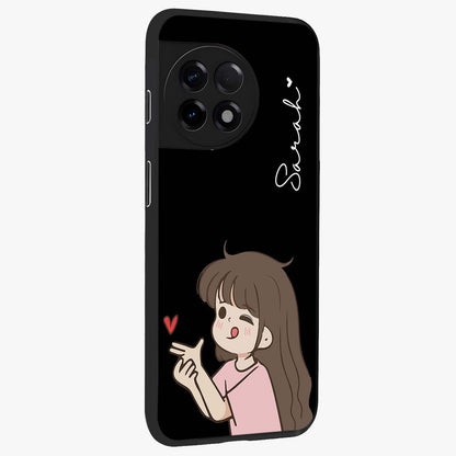 Cute Girl Firing Heart Glass Case for 1+11R side perspective highlighting playful design elements and sleek build