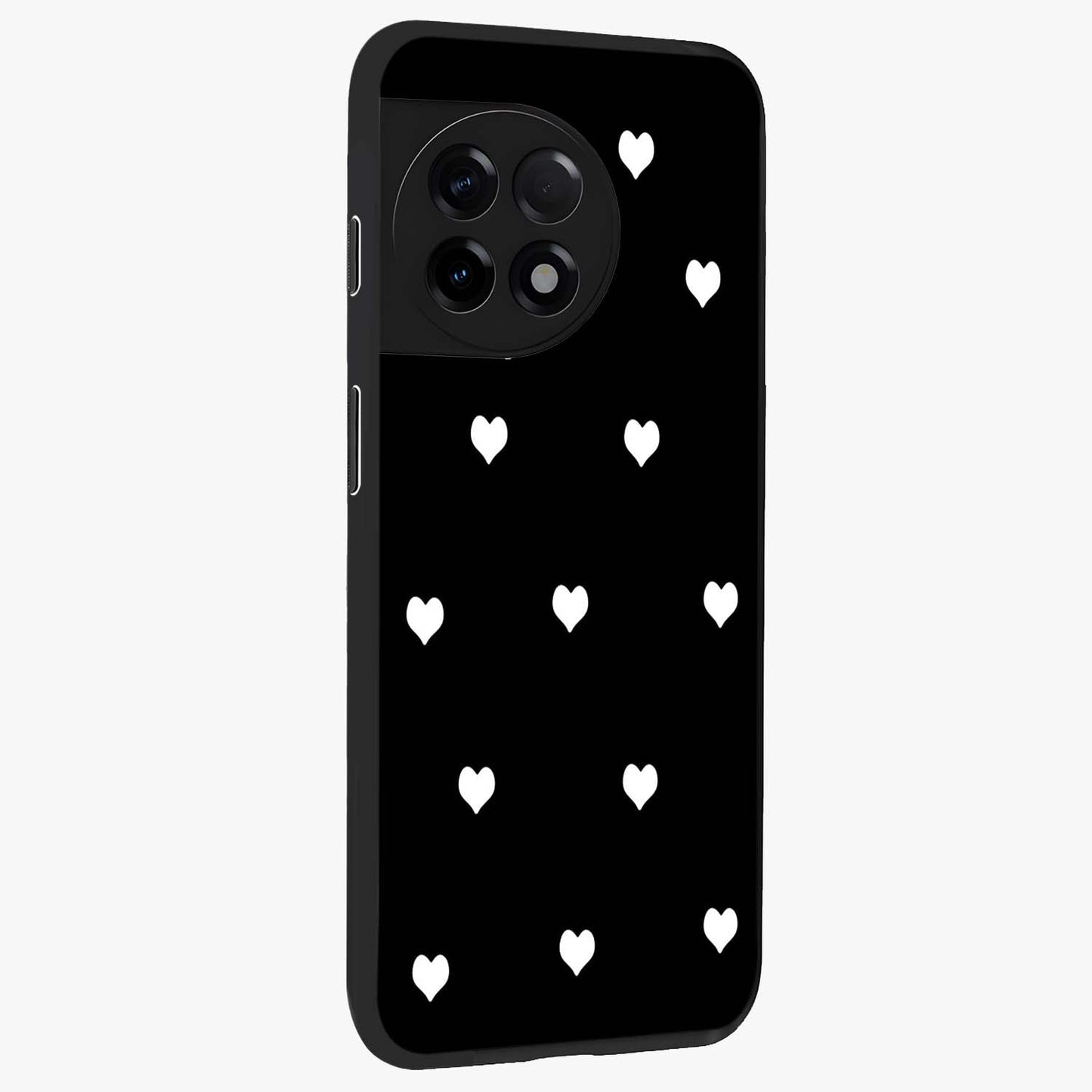 Cute Simple black Hearts Glass Case for 1+11R side perspective highlighting dramatic contrast and premium build