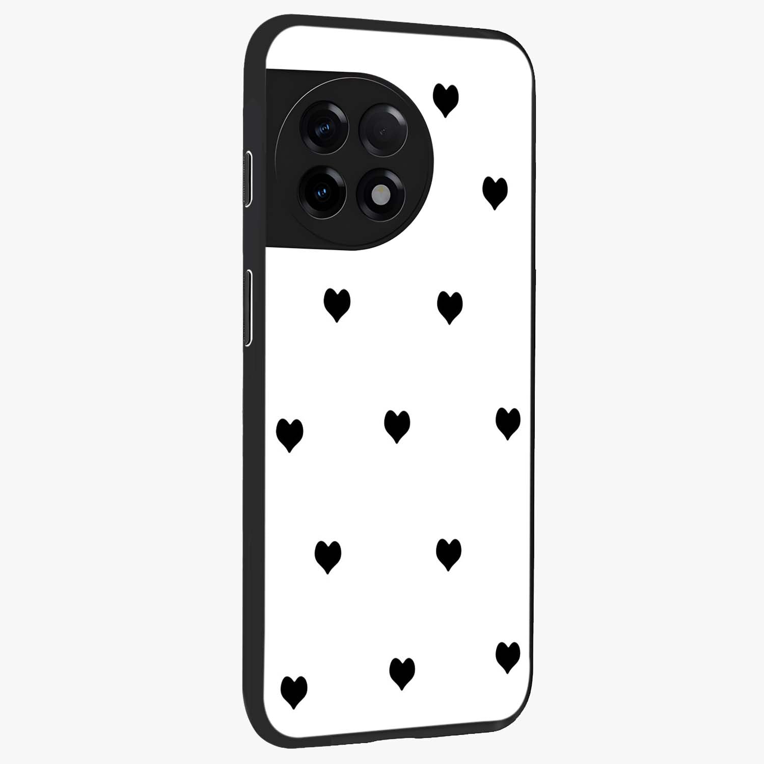 Cute Simple White Hearts Glass Case for 1+11R side perspective highlighting dramatic contrast and premium build
