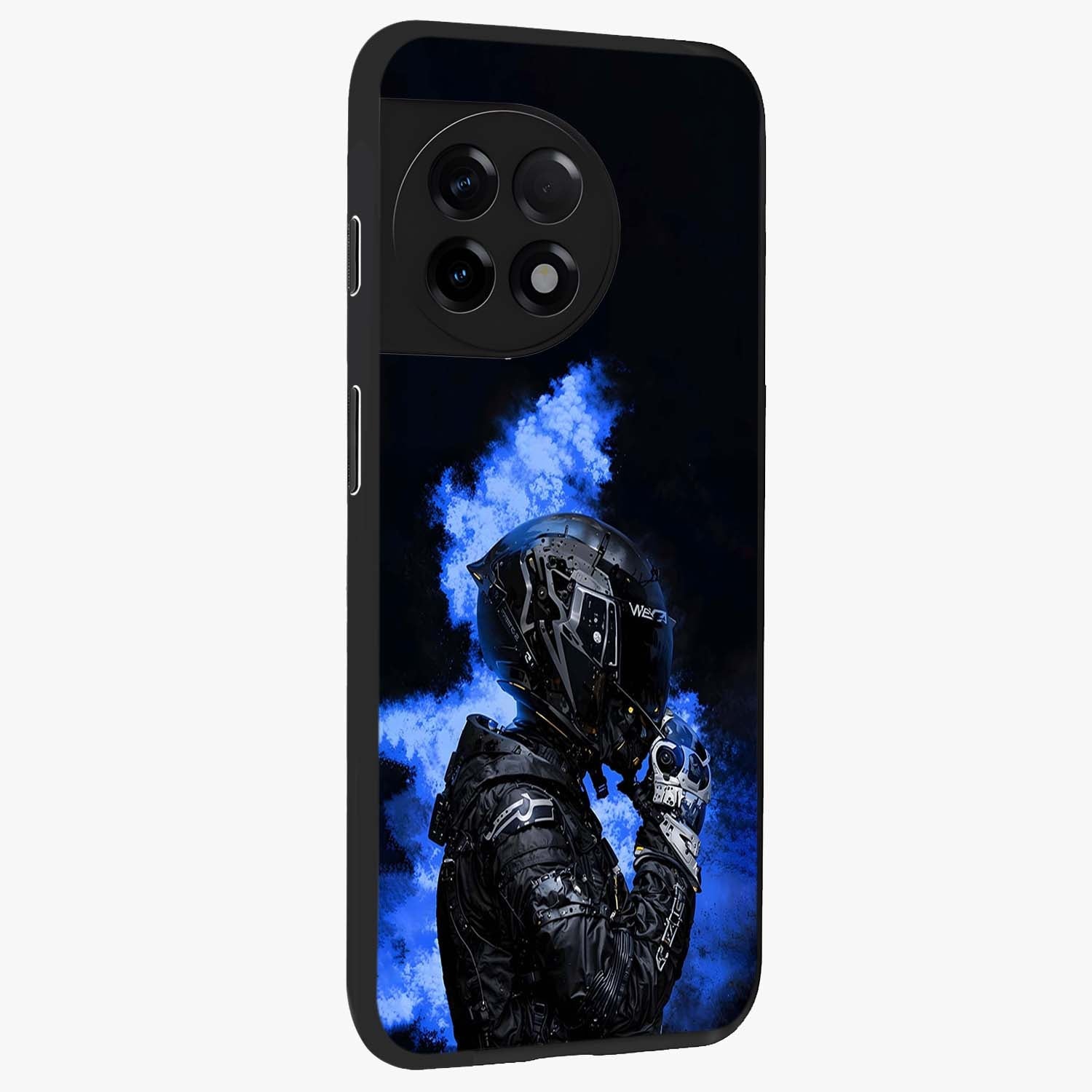 Cyber Sentinel Protocol Glass Case for 1+11R side perspective highlighting sharp digital textures and premium build