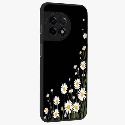 Daisy Cascade on Black Glass Case for 1+11R side perspective highlighting delicate daisy detailing and smooth edges