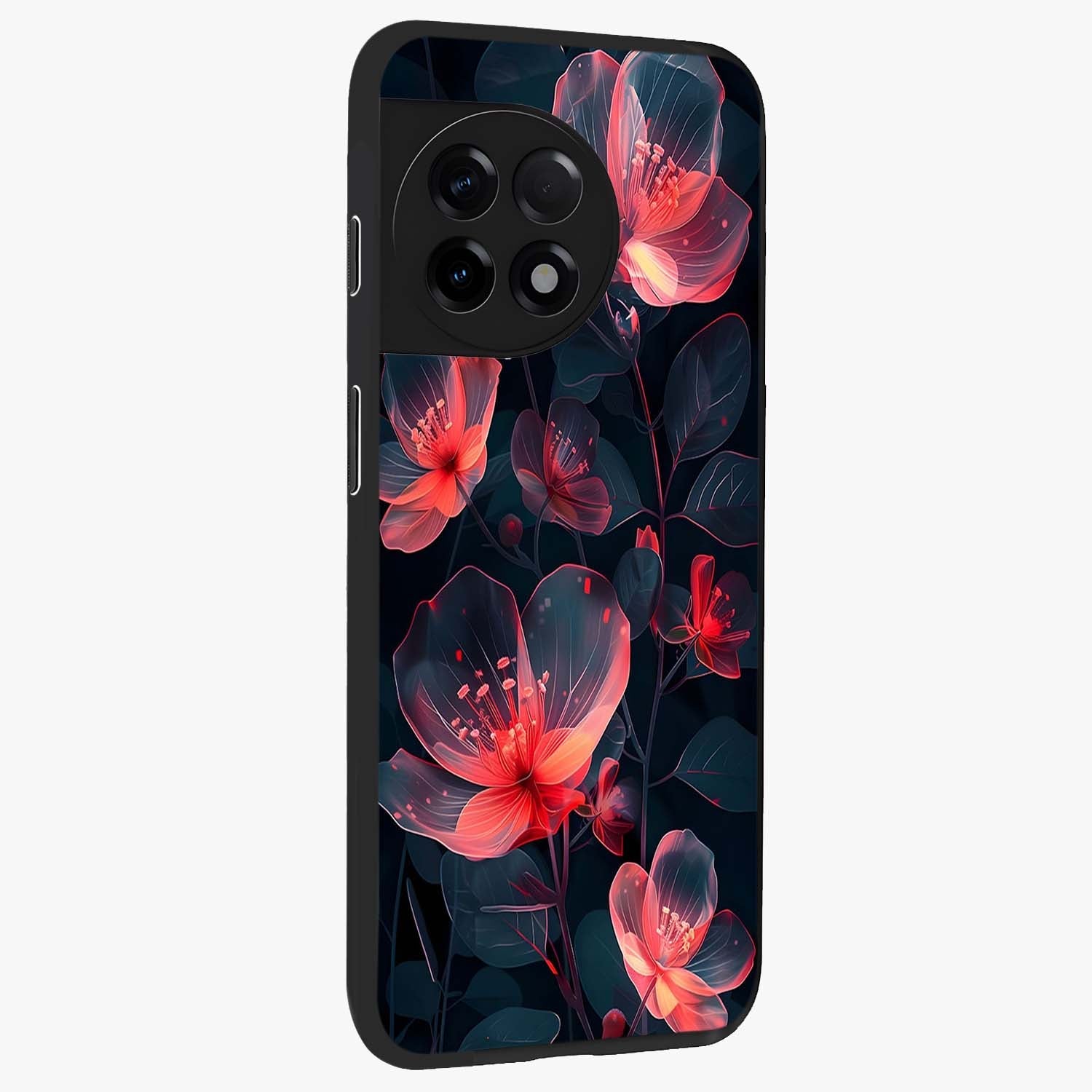Dark Shade of Flower Glass Case for 1+11R side perspective highlighting elegant dark floral textures and sleek build