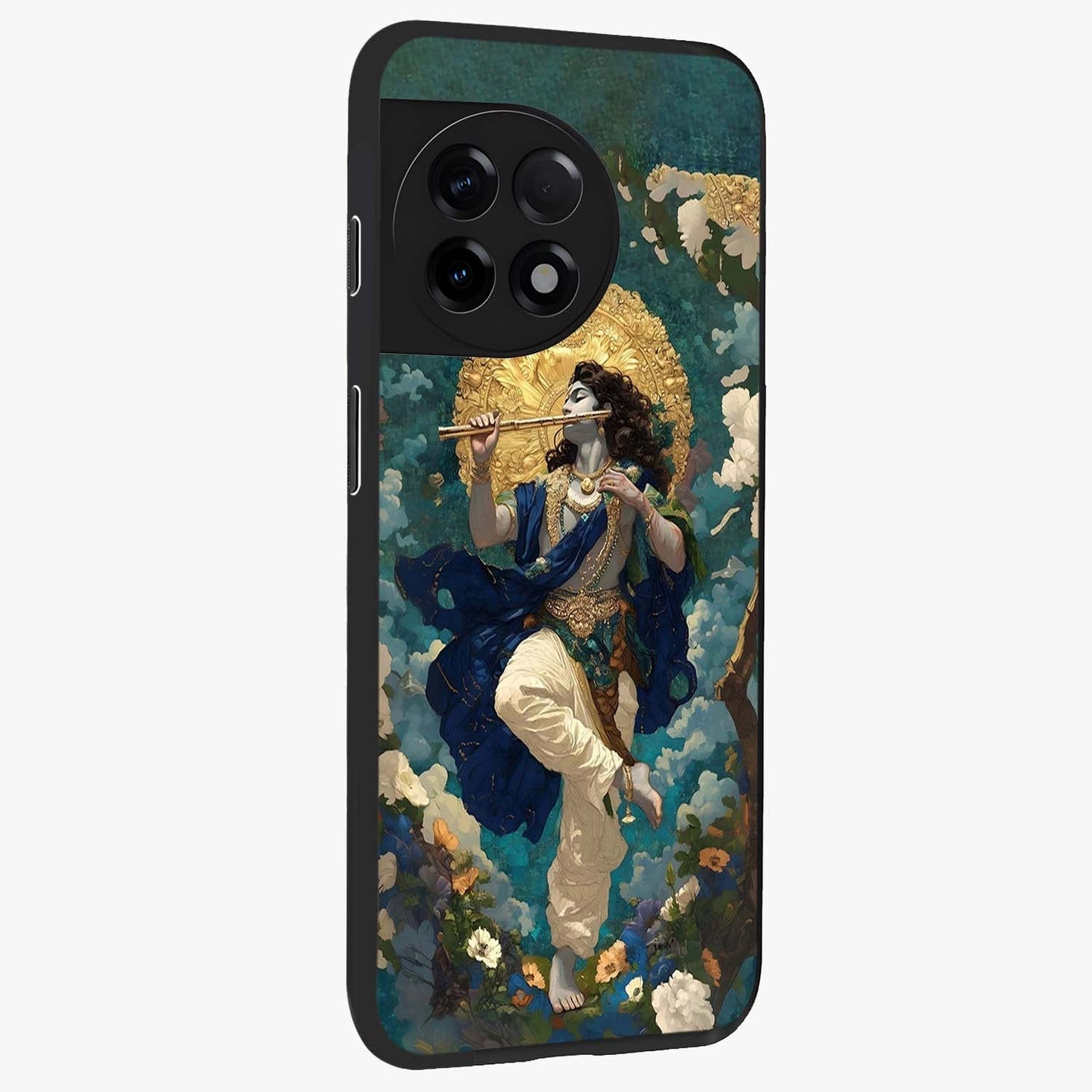 Divine Krishna Art Glass Case for 1+11R side perspective highlighting intricate divine illustration and premium edges