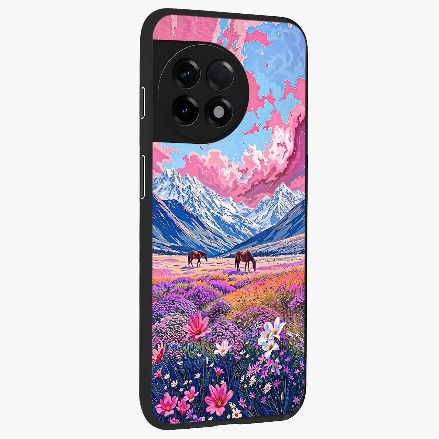 Dreamy Floral Pastures Glass Case for 1+11R side perspective highlighting calming floral detailing and sleek build