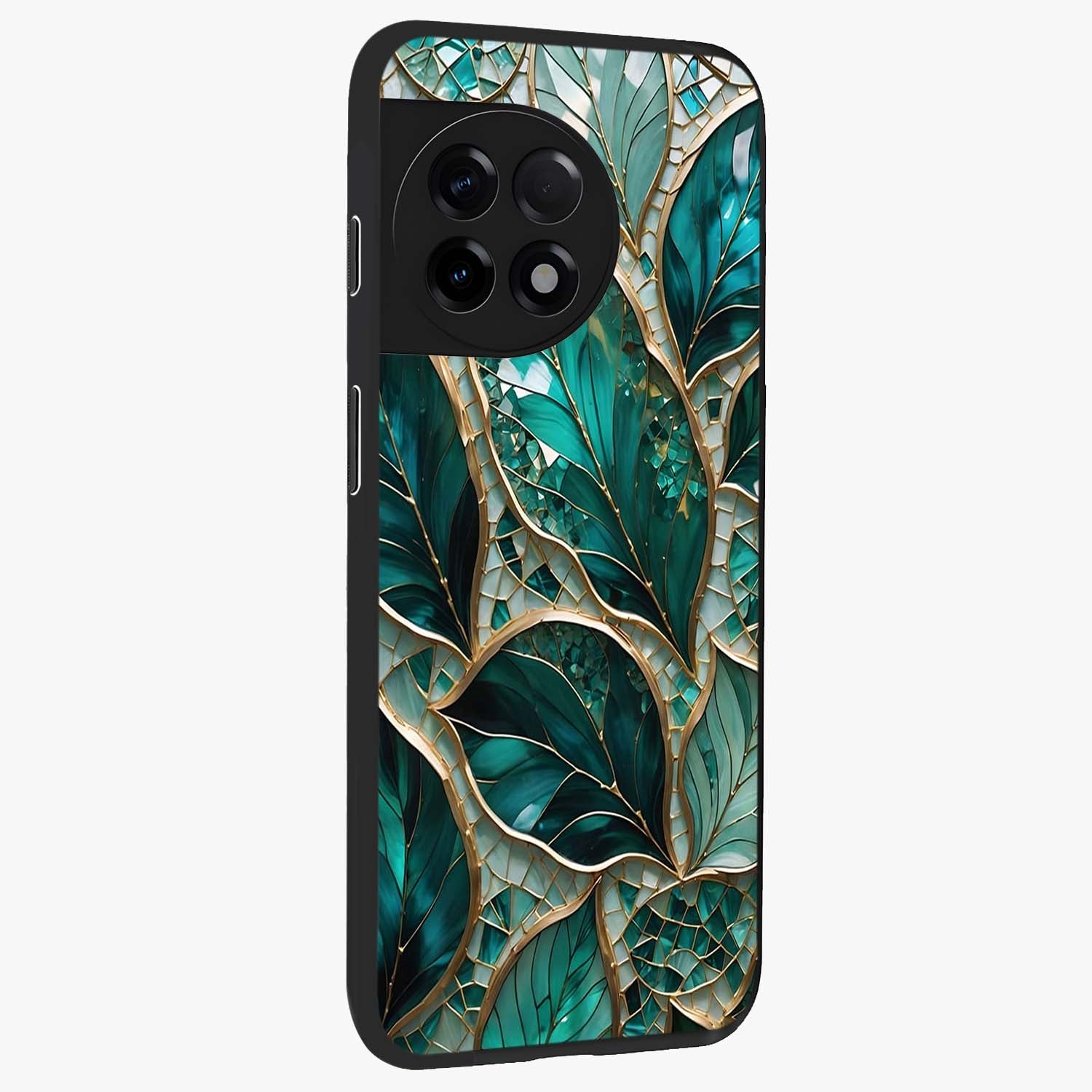 Emerald Leaf Glass Case for 1+11R side perspective highlighting refined leaf textures and sleek build