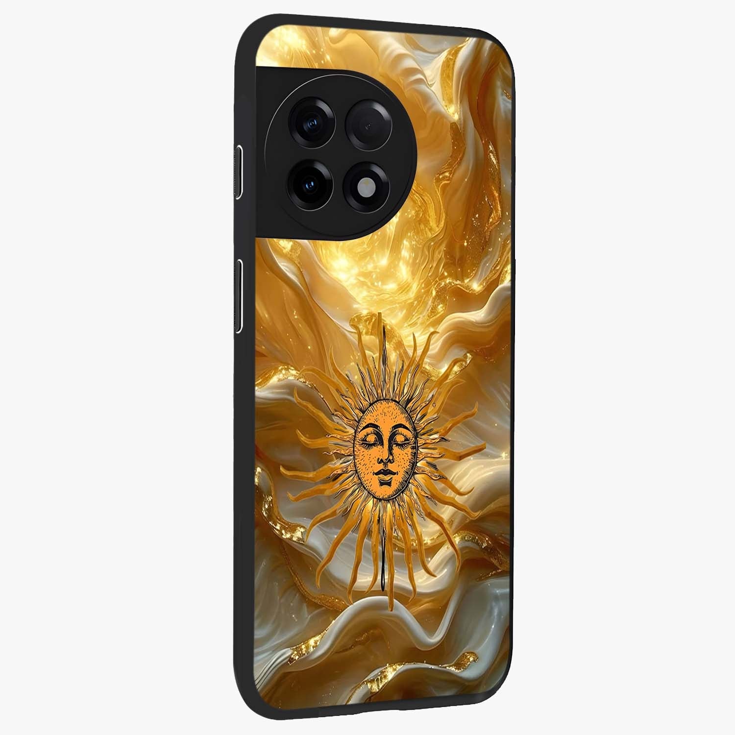 Eternal Golden Glow Glass Case for 1+11R side perspective highlighting rich glow detailing and premium edges