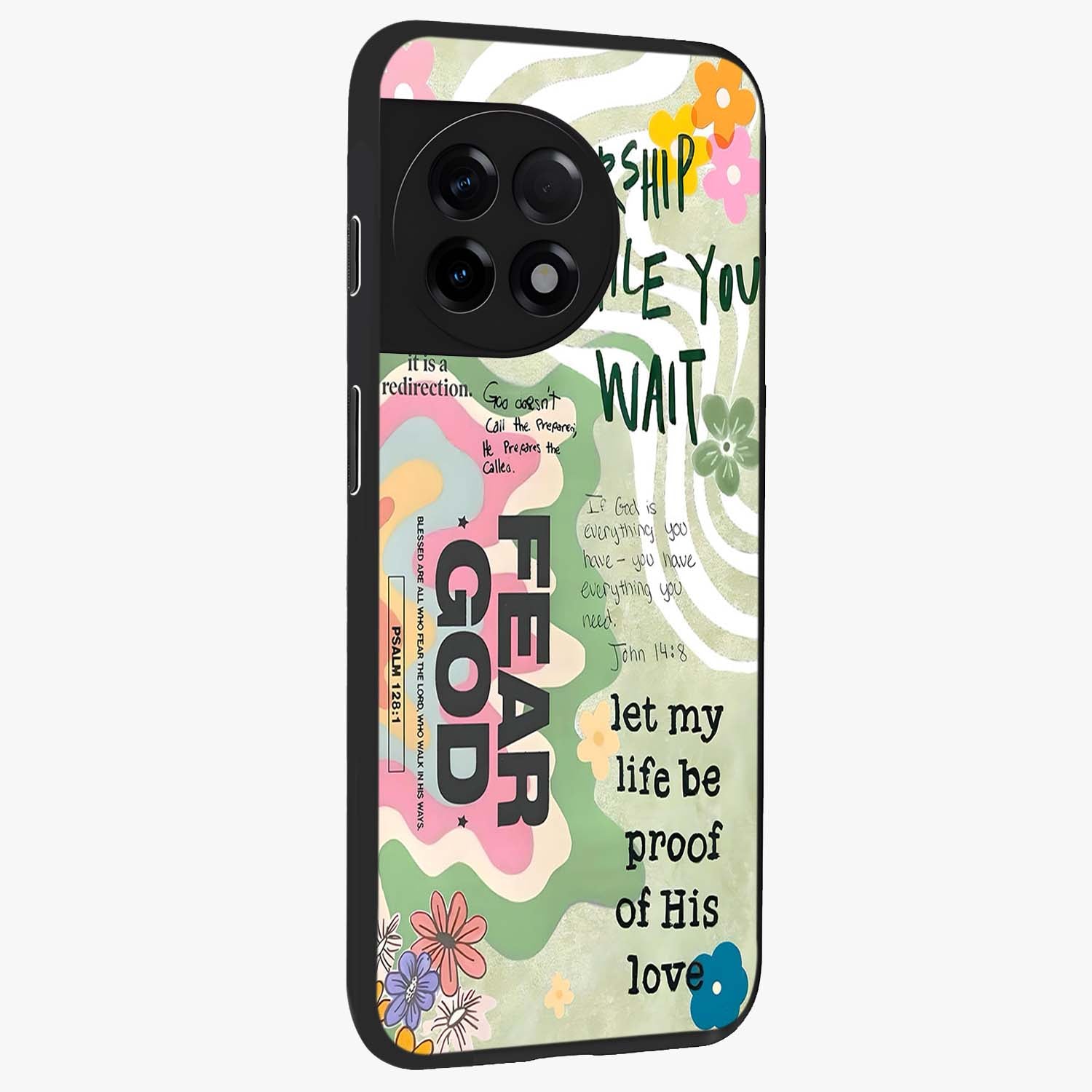 Faith Over Fear Glass Case for 1+11R side perspective highlighting powerful text detailing and premium edges