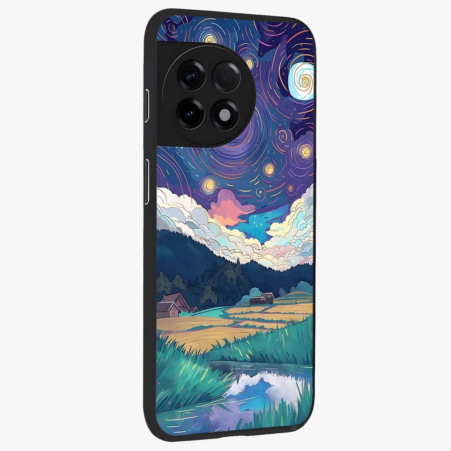 Fields Beneath the Cosmos Glass Case for 1+11R side perspective highlighting serene landscape textures and premium edges