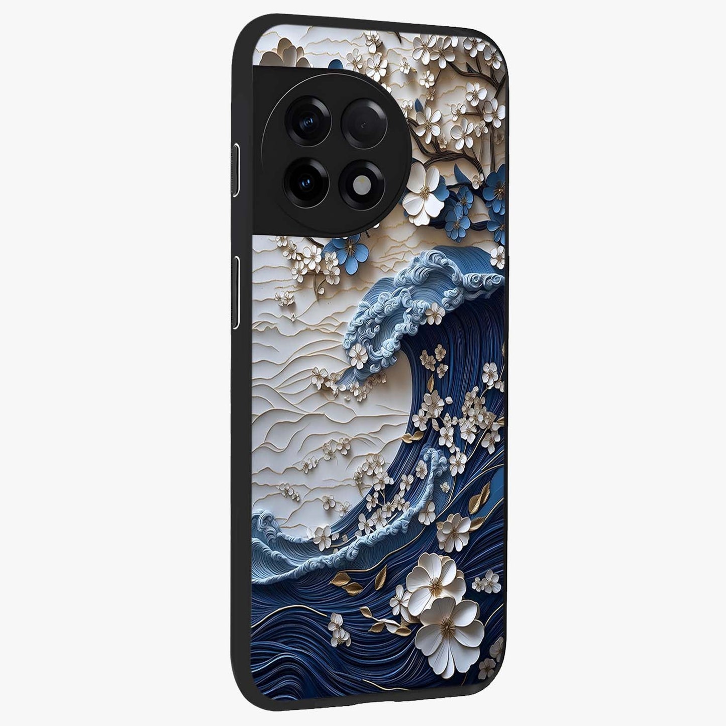 Floral Wave Origami Glass Case for 1+11R side perspective highlighting sharp origami textures and sleek premium edges