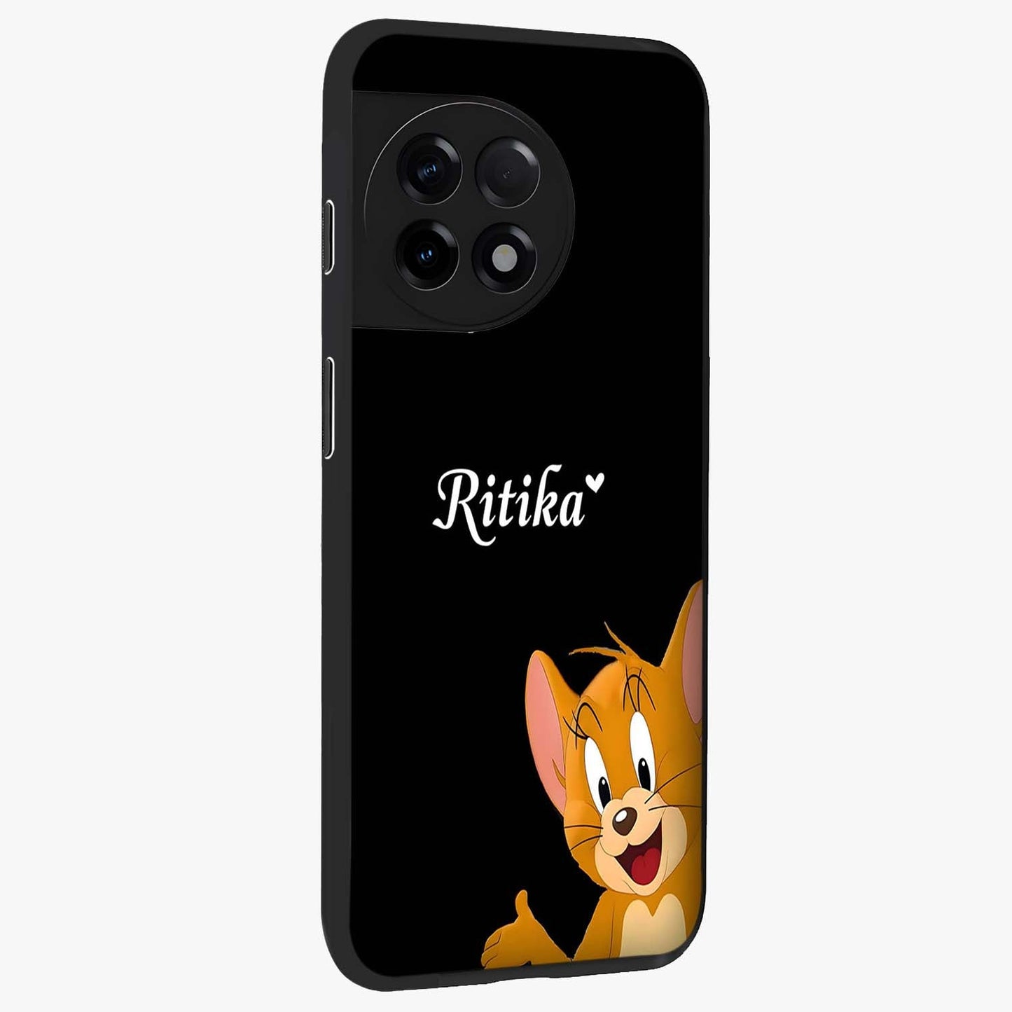 Forever Chasing Love Jerry Glass Case for 1+11R side perspective highlighting cute illustration textures and smooth build