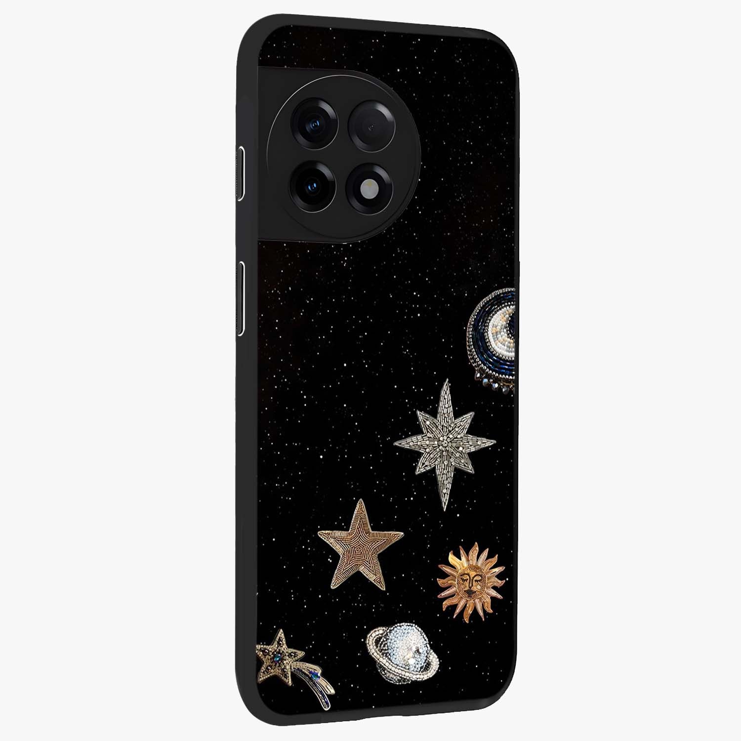 Galactic Charm Glow Glass Case for 1+11R side perspective highlighting vibrant star detailing and sleek premium edges
