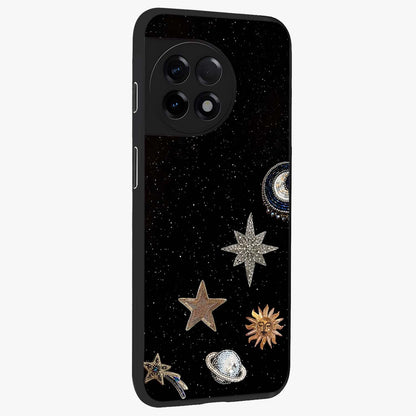 Galactic Charm Glow Glass Case for 1+11R side perspective highlighting vibrant star detailing and sleek premium edges