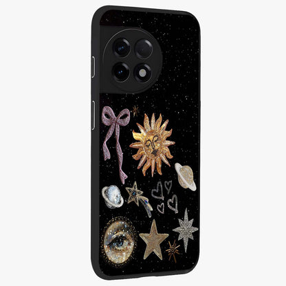 Galactic Sun Charm Glass Case for 1+11R side perspective highlighting glowing sun detailing and premium edge finish