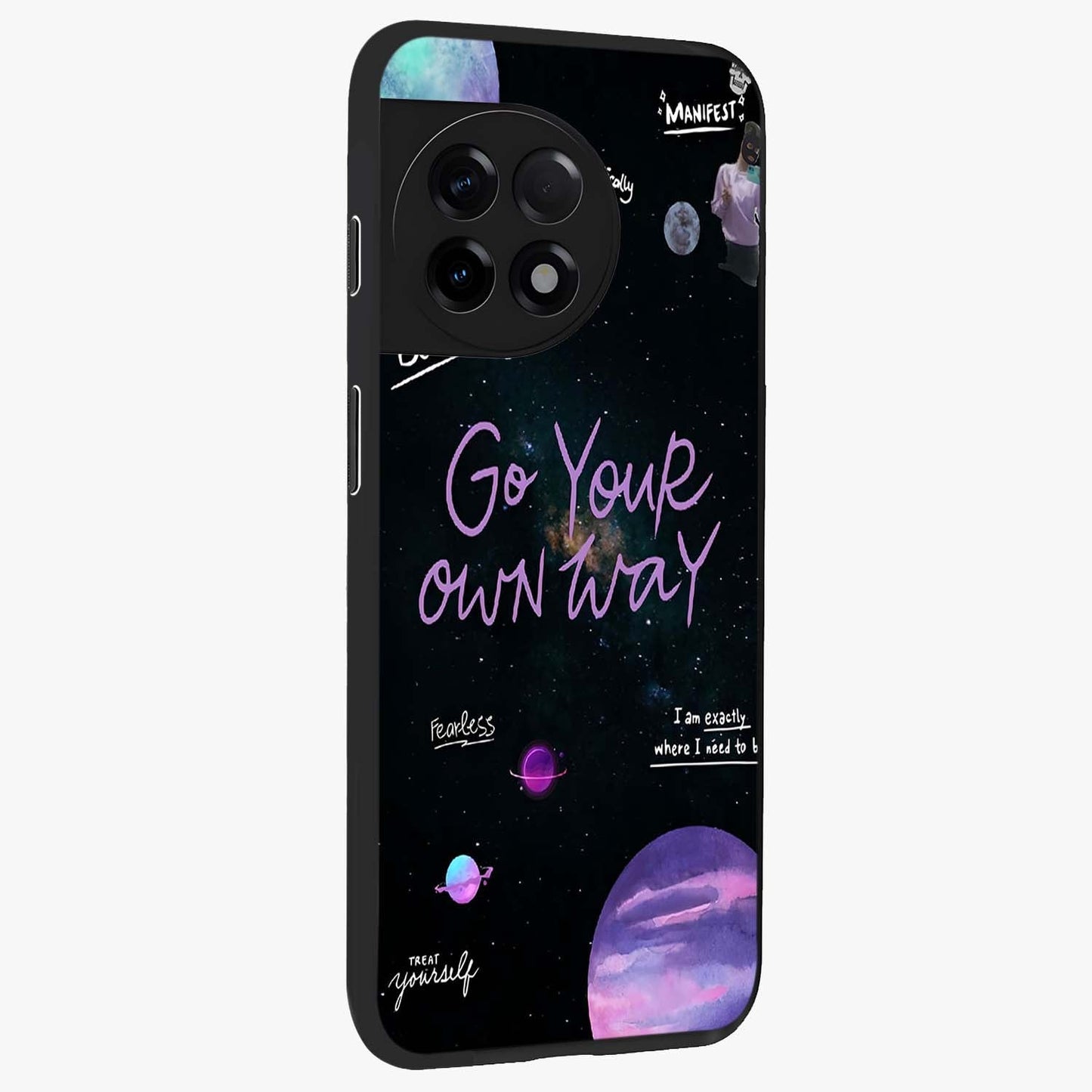 Galactic Vibes Universe Glass Case for 1+11R side perspective highlighting bold cosmic textures and sleek build
