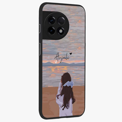 Girl Facing Sunset Beach Glass Case for 1+11R side perspective highlighting calming sunset gradients and smooth edges