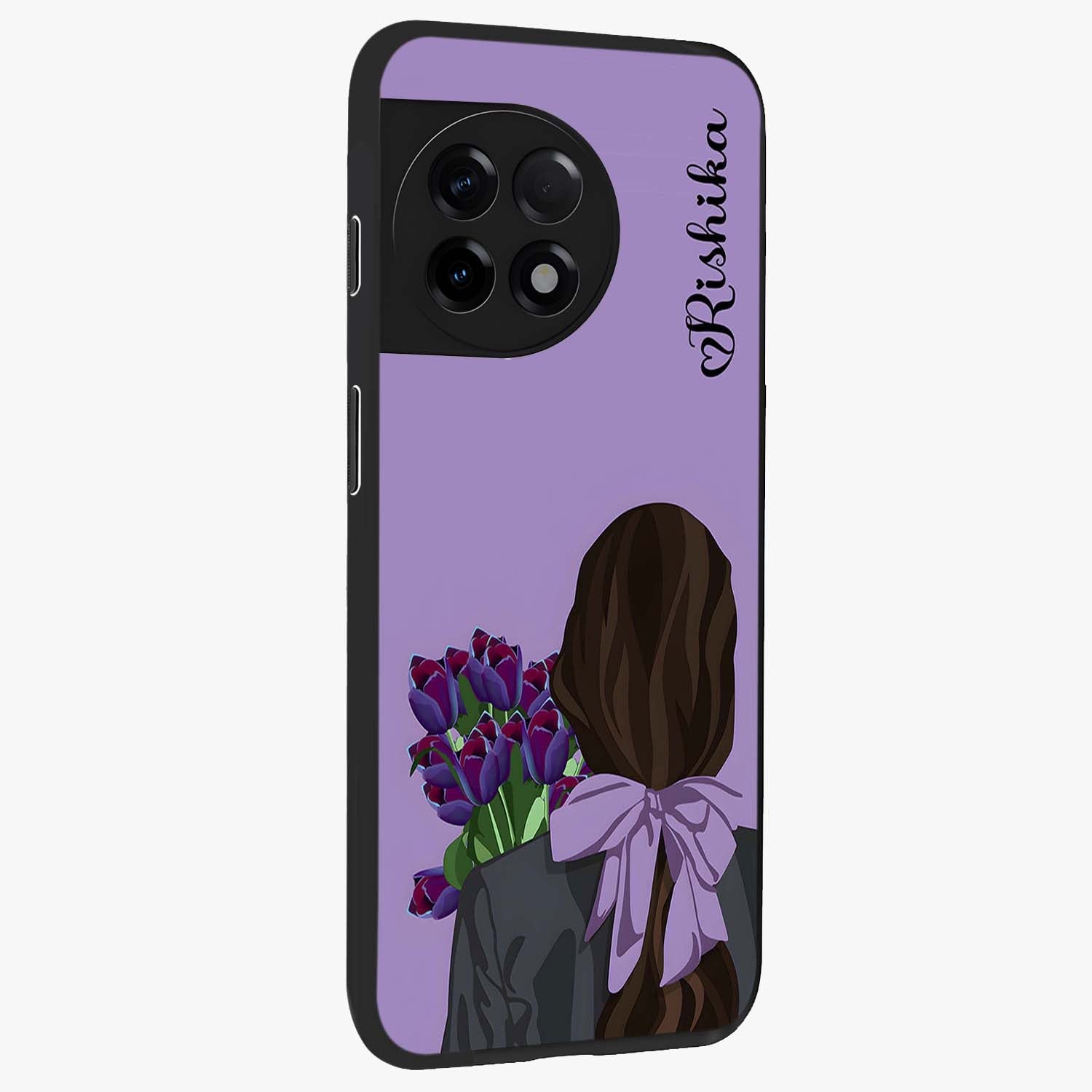 Girl Holding Flowers Glass Case for 1+11R side perspective highlighting delicate floral detailing and premium edges