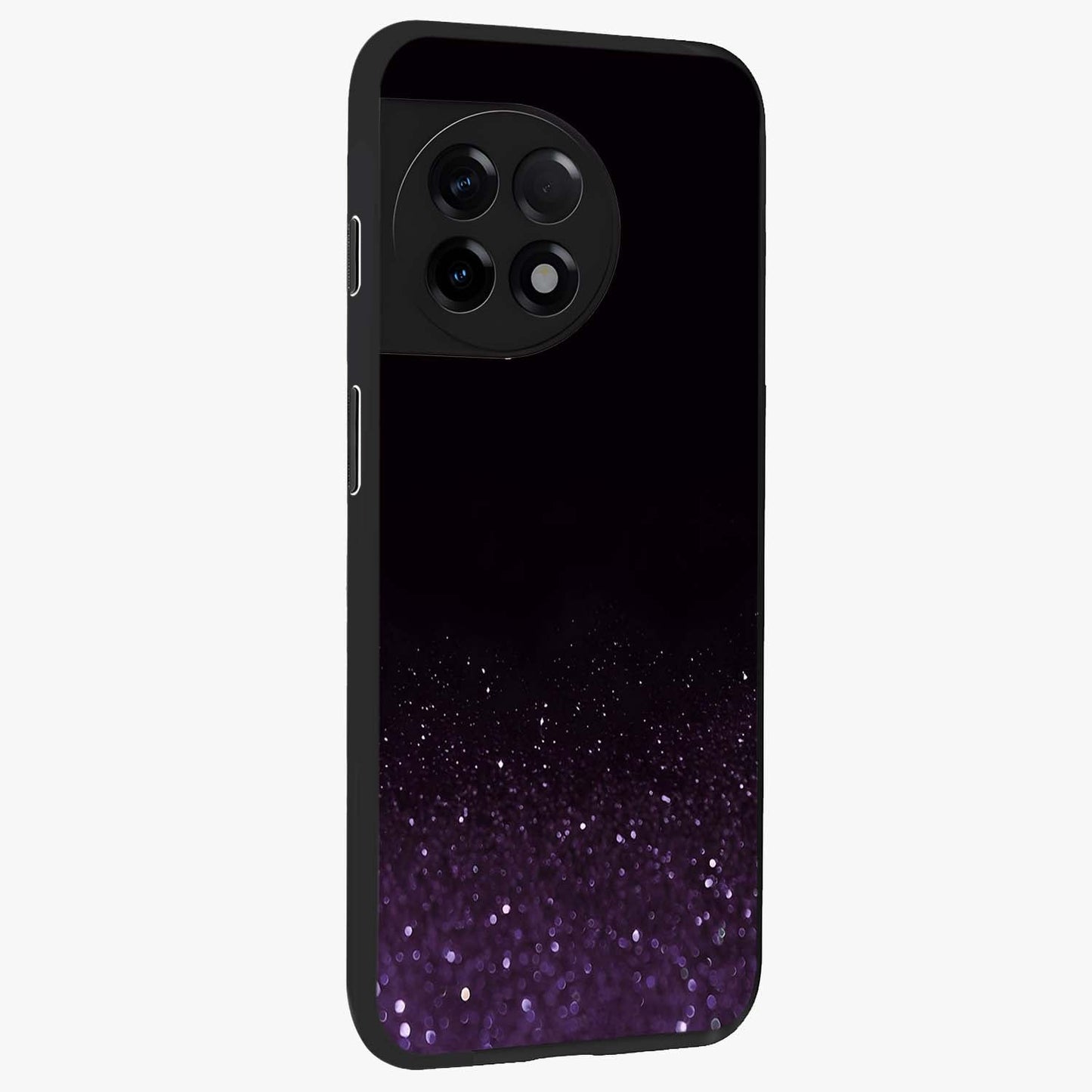 Glittery Purple Bokeh Glass Case for 1+11R side perspective highlighting glowing textures and sleek premium edges