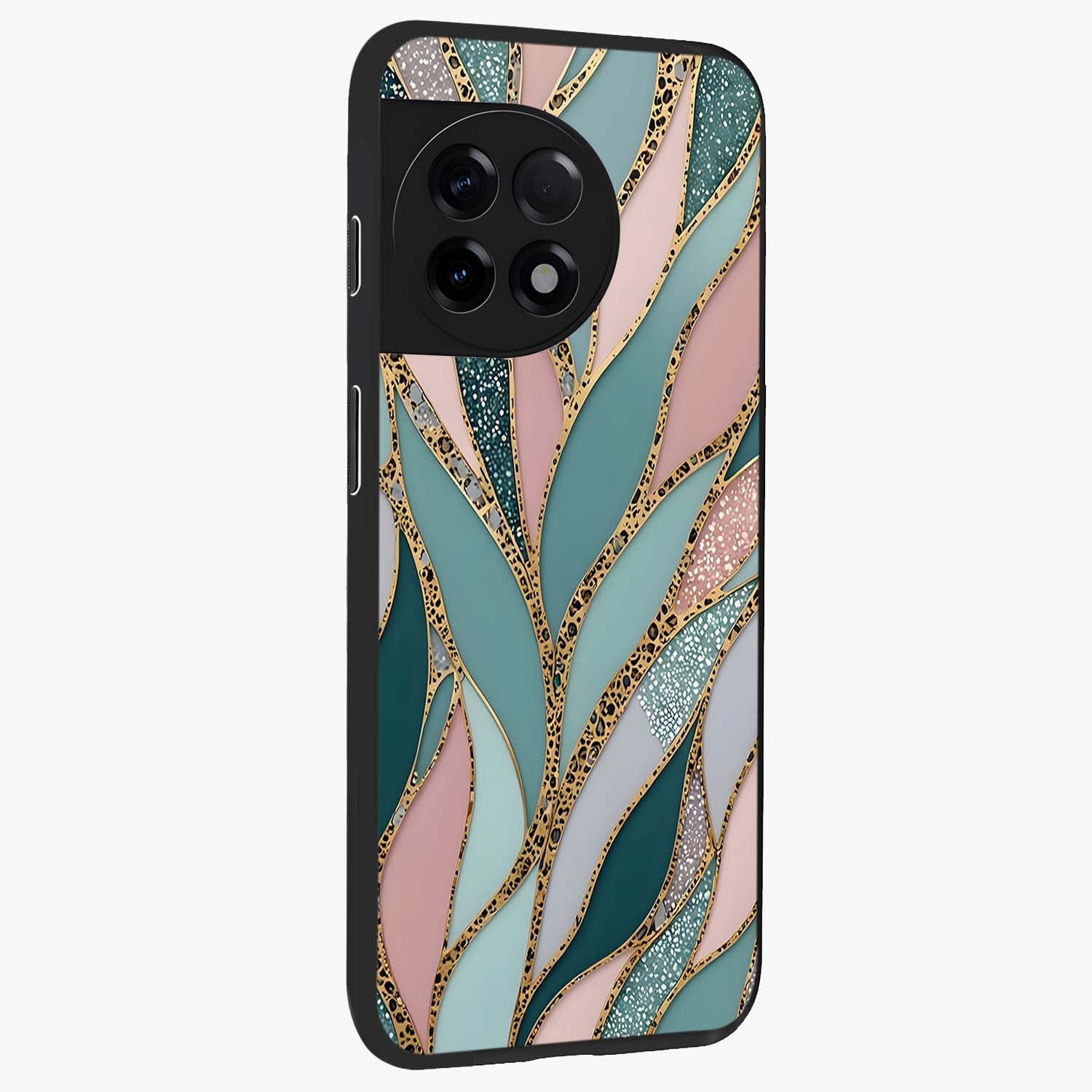 Golden Lotus Glow Glass Case for 1+11R side perspective highlighting intricate lotus detailing and premium edge finish