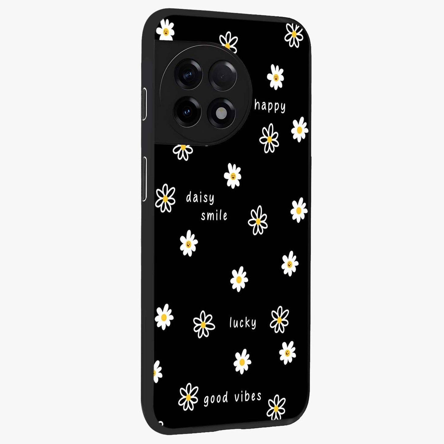 Good Vibes Daisy Black Pattern Glass Case for 1+11R side perspective highlighting playful daisy detailing and smooth edges