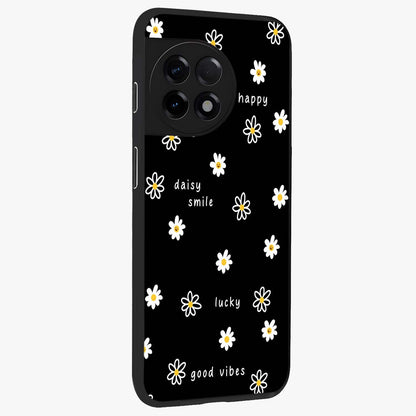 Good Vibes Daisy Black Pattern Glass Case for 1+11R side perspective highlighting playful daisy detailing and smooth edges