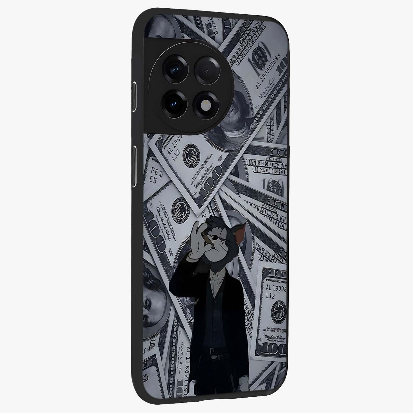 Greedy Fortune Cat Glass Case for 1+11R side perspective highlighting playful textures and smooth edges