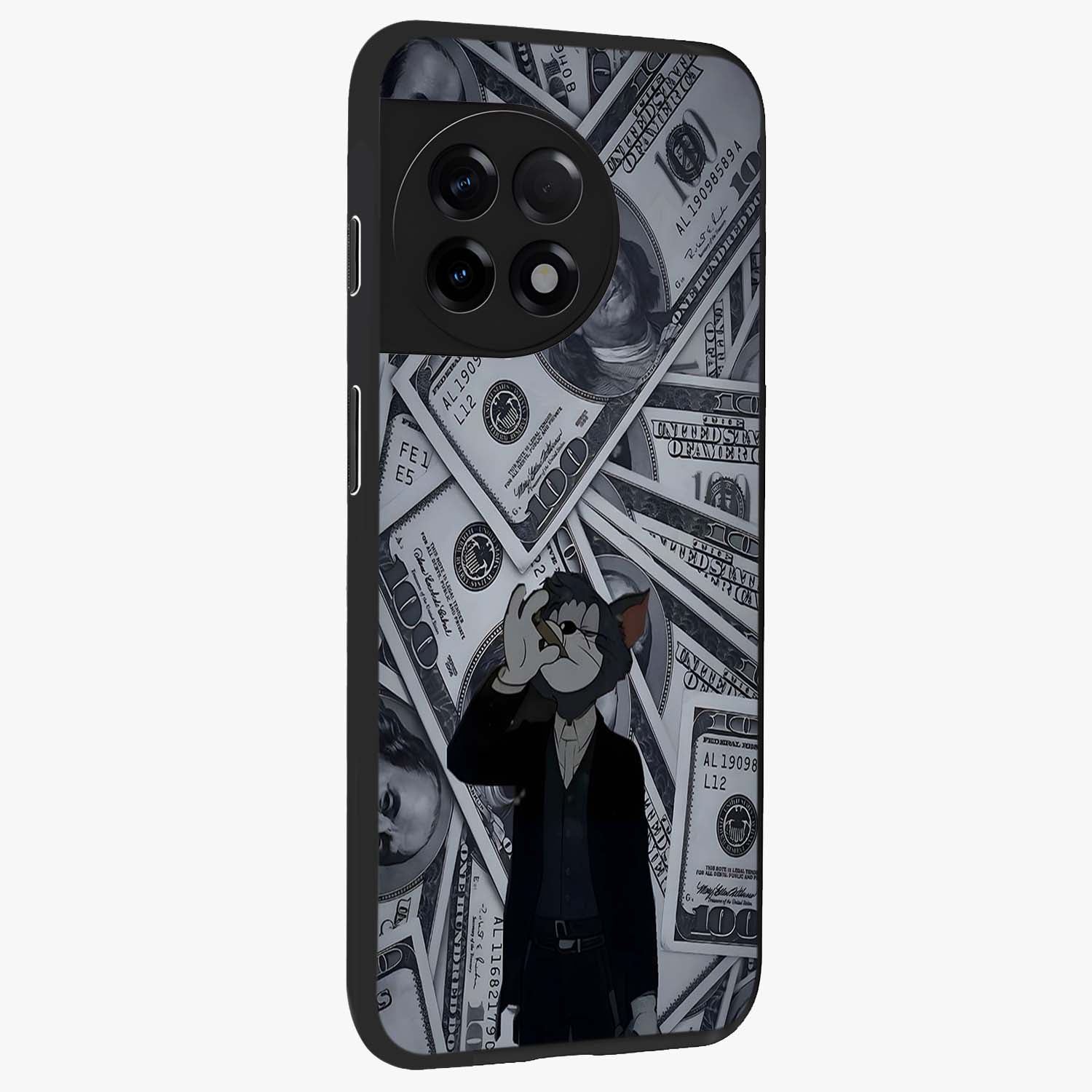 Greedy Fortune Cat Glass Case for 1+11R side perspective highlighting playful textures and smooth edges