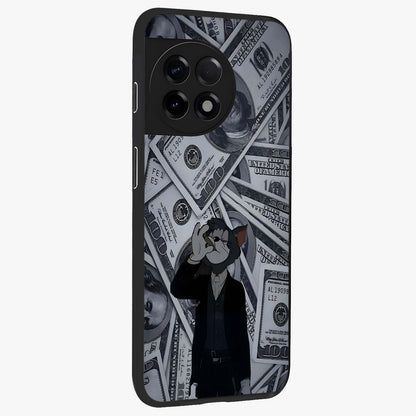 Greedy Fortune Cat Glass Case for 1+11R side perspective highlighting playful textures and smooth edges