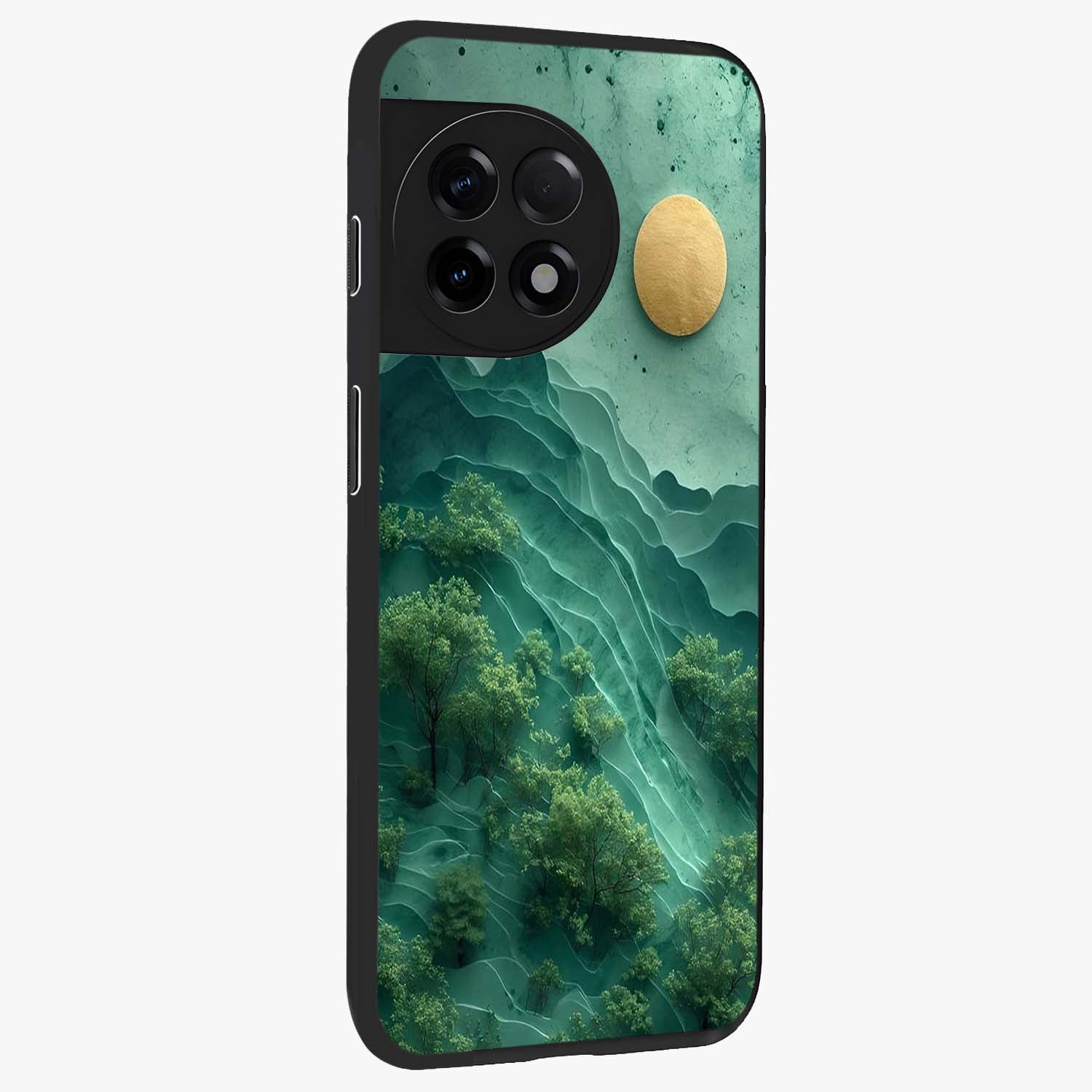 Green Hills With Sun Glass Case for 1+11R side perspective highlighting serene landscape textures and premium build