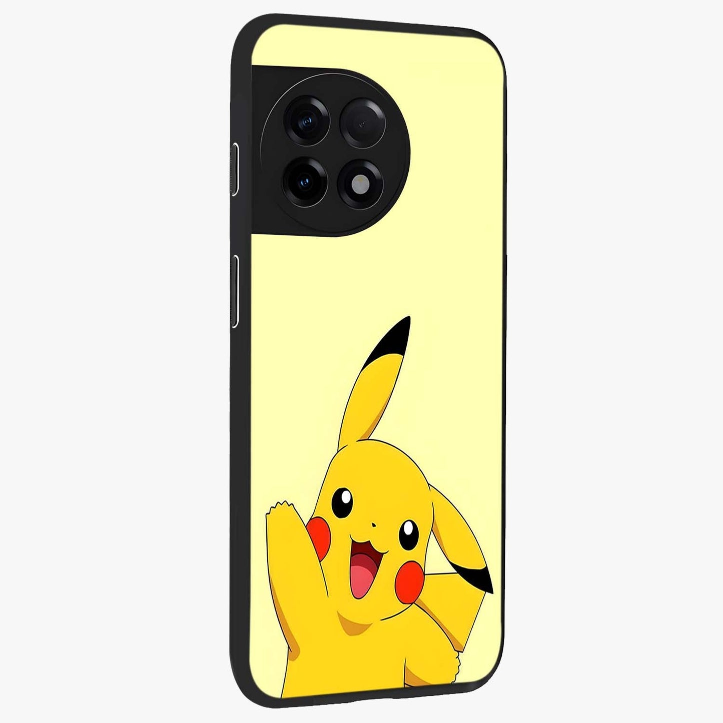 Happy Electric Pikachu Glass Case for 1+11R side perspective highlighting lively character detailing and sleek build
