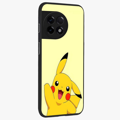 Happy Electric Pikachu Glass Case for 1+11R side perspective highlighting lively character detailing and sleek build