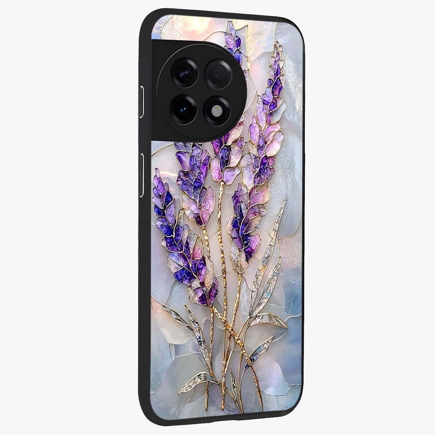 Lavender Dream Glow Glass Case for 1+11R side perspective highlighting vibrant textures and smooth premium build