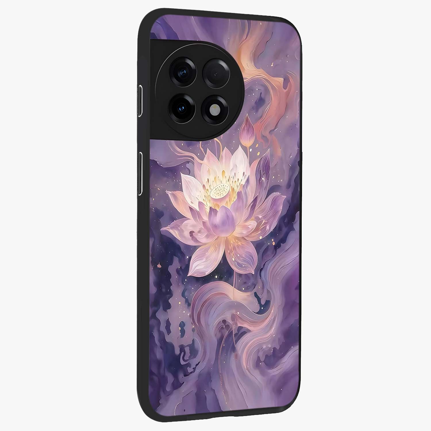 Lavender Lotus Muse Glass Case for 1+11R side perspective highlighting serene lotus textures and premium edges