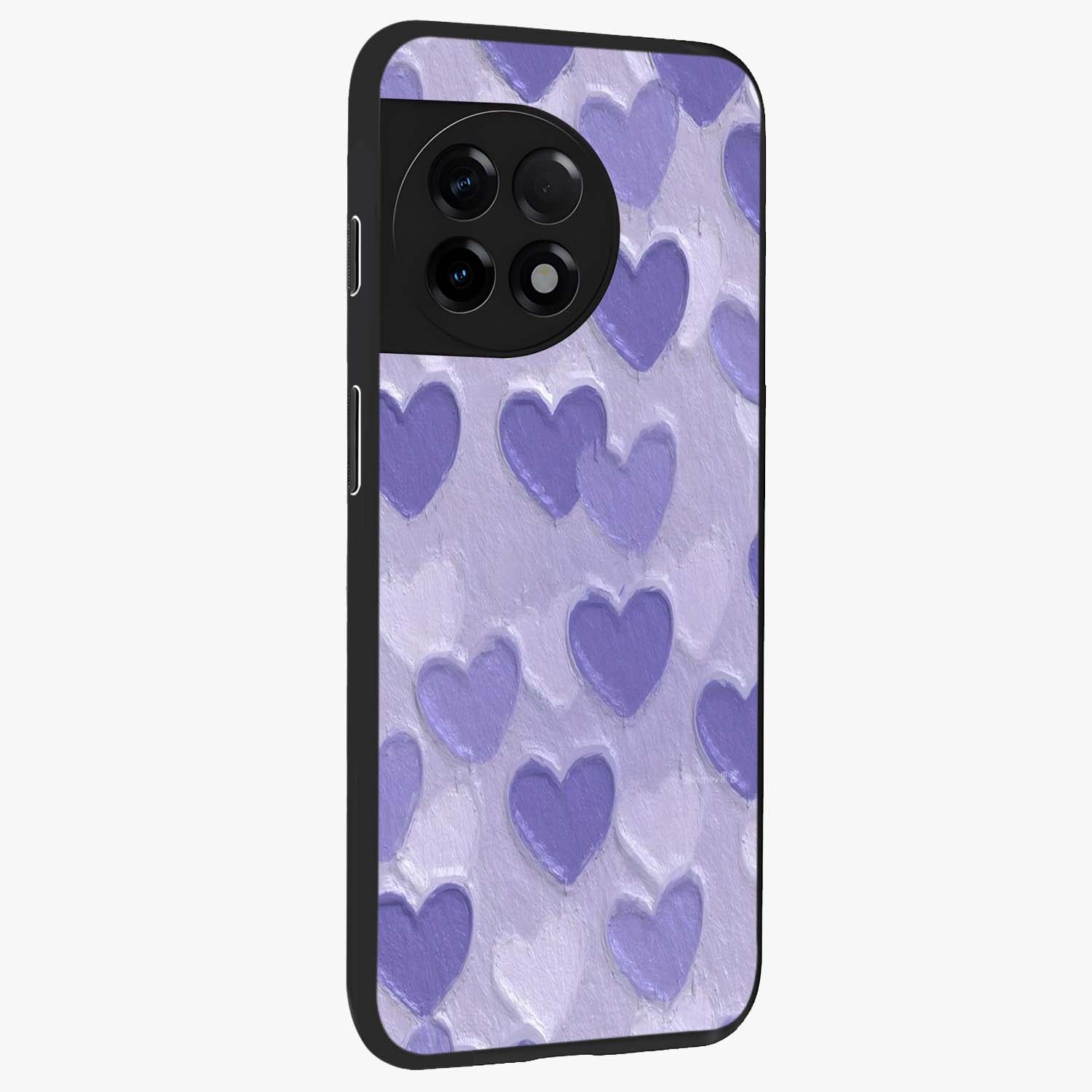 Lavender Paper Hearts Glass Case for 1+11R side perspective highlighting delicate heart textures and sleek build
