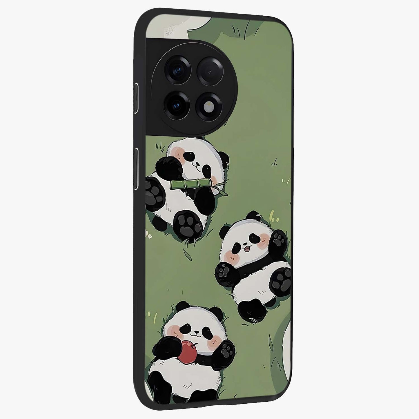 Lazy Panda Picnic Glass Case for 1+11R side perspective highlighting cute illustration textures and smooth premium build
