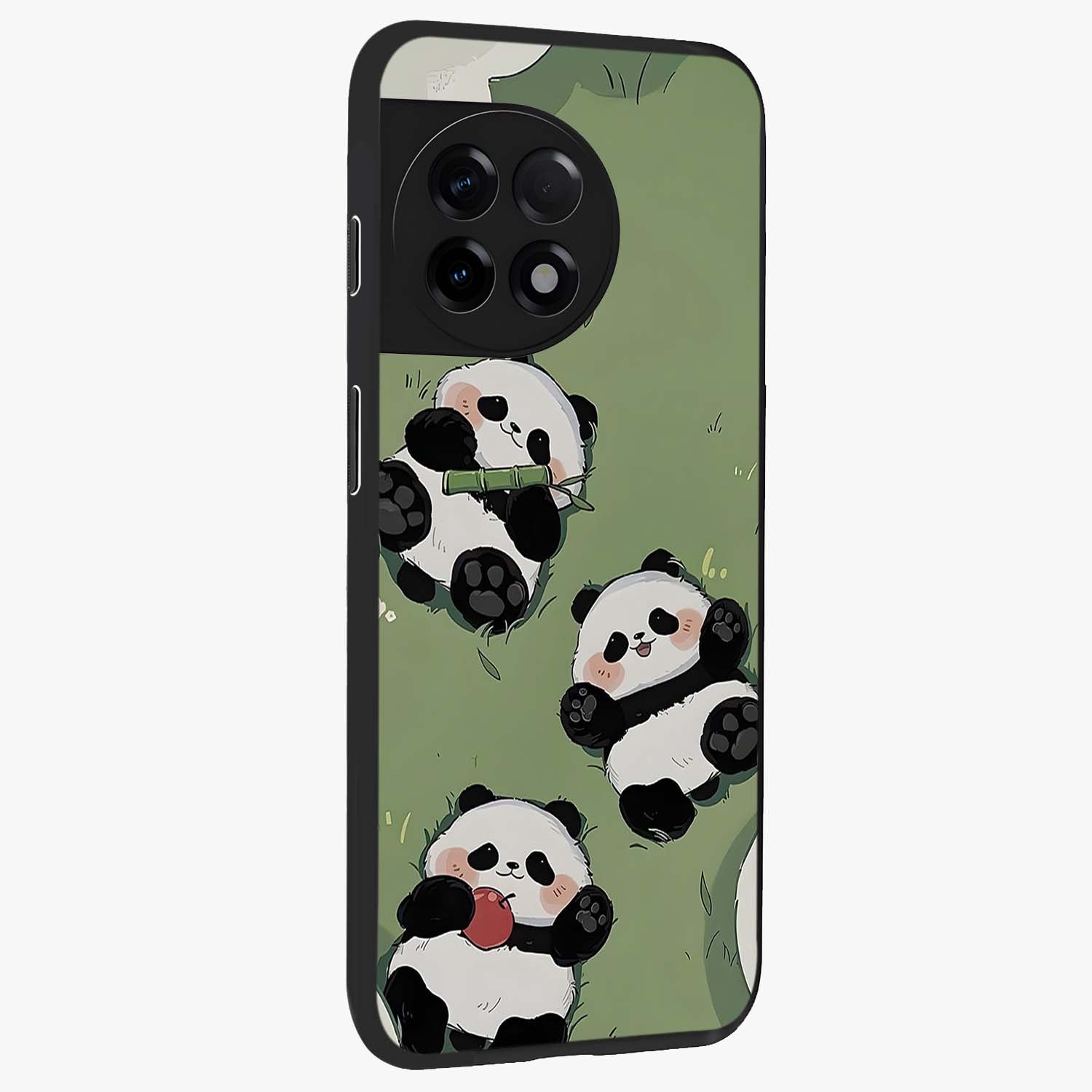 Lazy Panda Picnic Glass Case for 1+11R side perspective highlighting cute illustration textures and smooth premium build