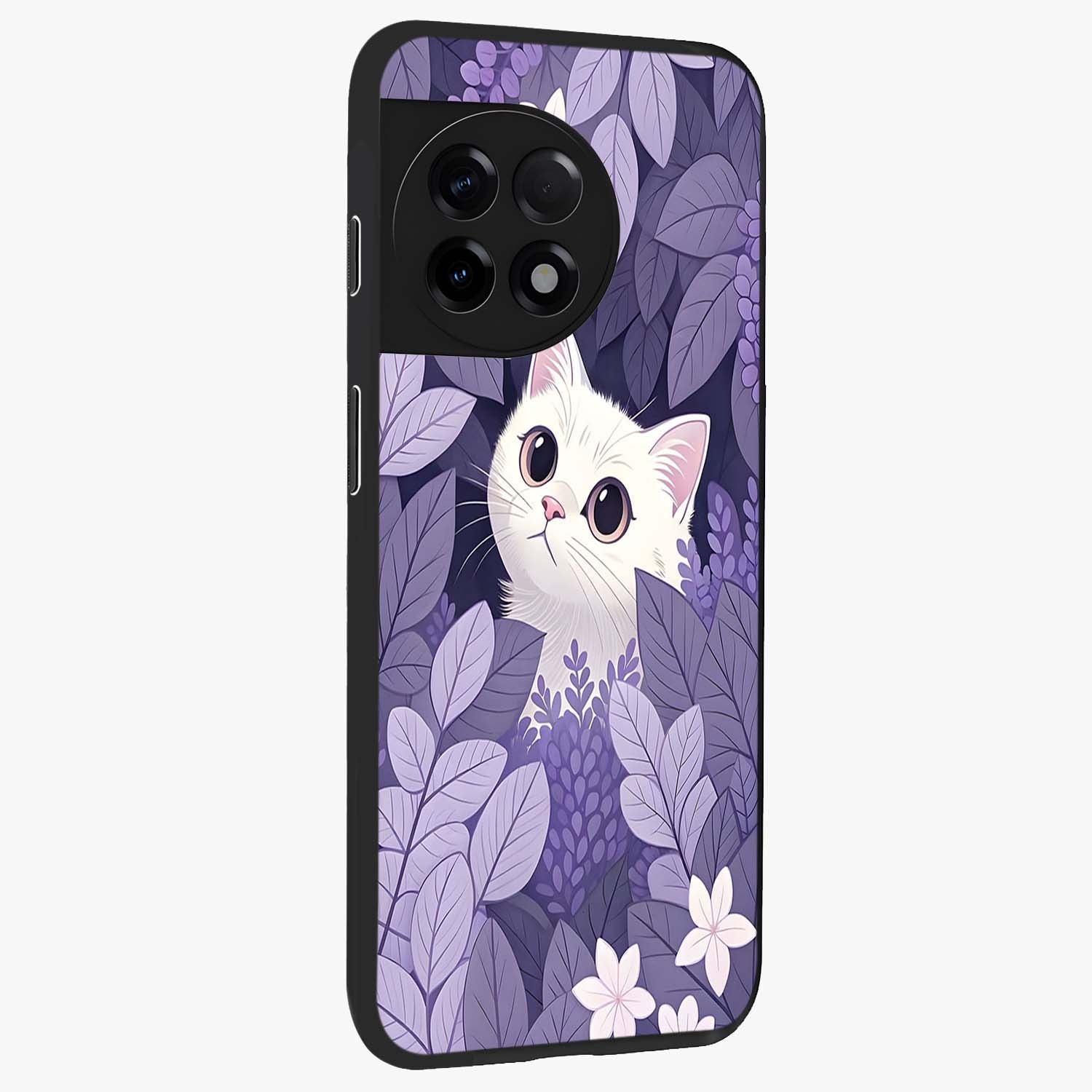 Lilac Hide Peek Cat Glass Case for 1+11R side perspective highlighting charming feline textures and smooth edges