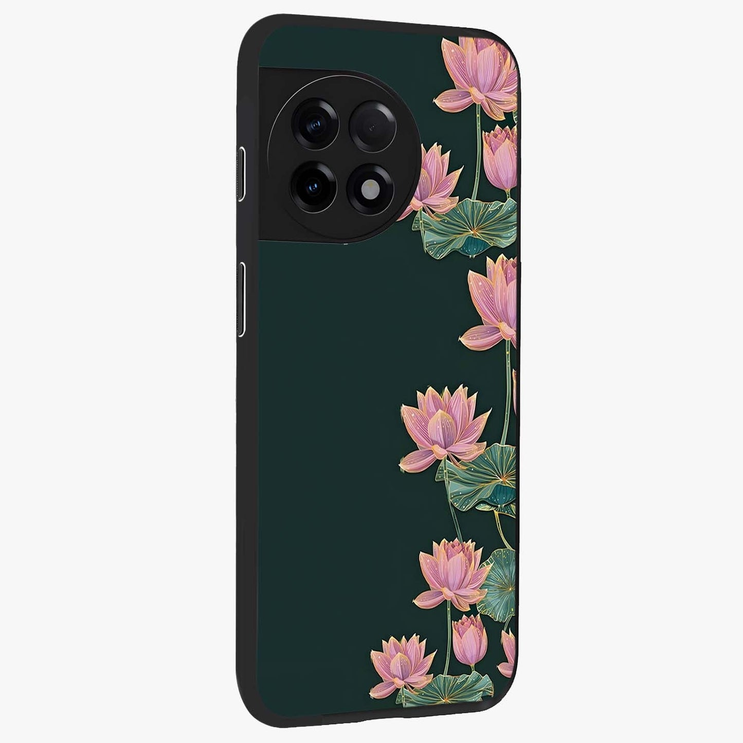 Lotus Bloom Serenity Glass Case for 1+11R side perspective highlighting delicate petal textures and premium edges