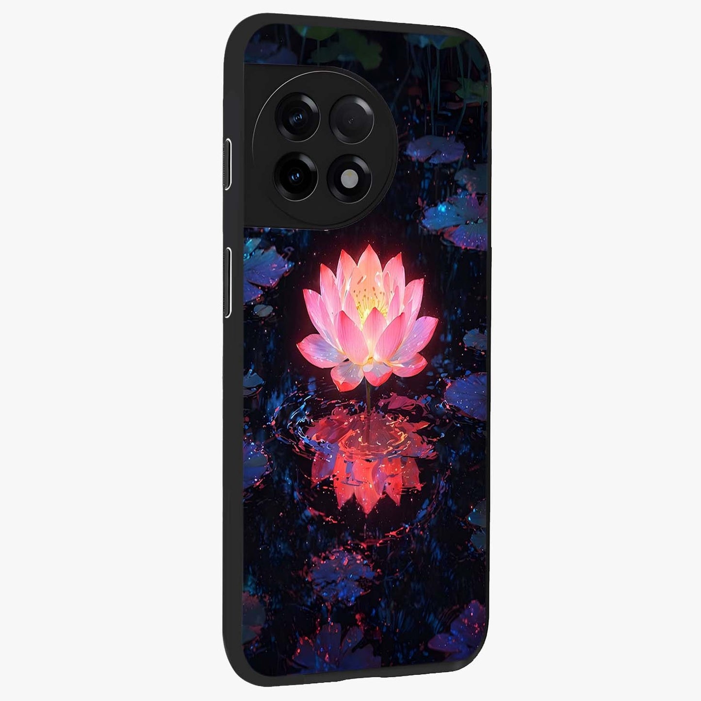 Luminous Lotus Glow Glass Case for 1+11R side perspective highlighting serene floral textures and premium edges